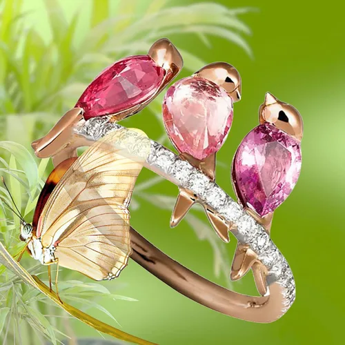 Vista 4 de Washranp Exquisito anillo de estilo fresco para mujer, pareja, anillos de amor creativos, 3 pájaros, animales, diamantes de imitación, fiesta