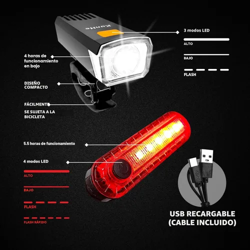 Vista 2 de Kunhe Luces de bicicleta recargables USB-C delanteras y traseras (2 o 4 o 10 o 20 paquetes) conducción nocturna para niños y adultos, 3 modos