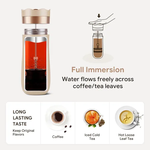 Vista 5 de BRBHOM La cafetera de acero inoxidable portátil original de acero inoxidable con aislamiento al vacío, taza de viaje caliente y fría prensas