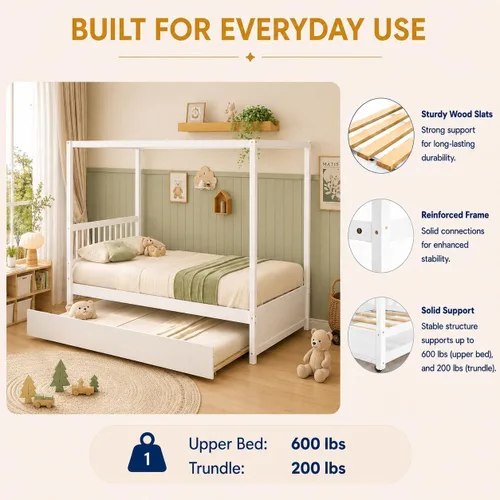 Vista 11 de NAFORT Cama con dosel de tamaño matrimonial con nido, marco de madera maciza para niños y adolescentes, soporte resistente de 600 libras, cama