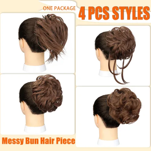 Vista 2 de 4 piezas de cabello desordenado con moño despeinado para mujer, extensión de cabello con banda de goma elástica, accesorios para el cabello