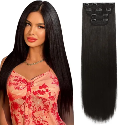 Vista 40 de REECHO - Juego de 4 extensiones de cabello sintético con clip de 12 pulgadas, 14 pulgadas y 16 pulgadas, lacio, largo y grueso, marrón oscuro