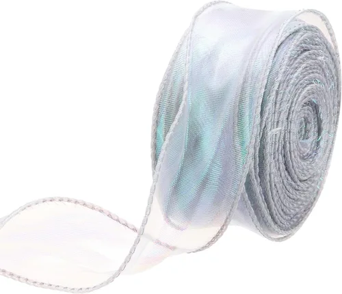 Vista 63 de MECCANIXITY - Cinta de organza con cable de 1 1/2" de ancho, brillante, transparente, con brillo irisado en tonos pastel, cinta de gasa para Beige