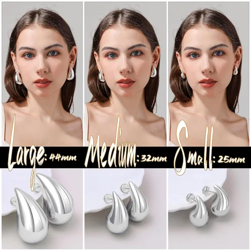 Vista 3 de Aretes de aro gruesos de oro para mujer, aretes ligeros de lágrima de plata de ley 925, aretes grandes chapados en oro, aretes de gota de agua
