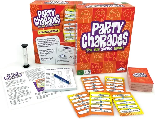 Vista 3 de Outset Juego de charadas para fiestas de medios – Diversión familiar con 500 cartas de charadas y temporizador – Esencial para la noche