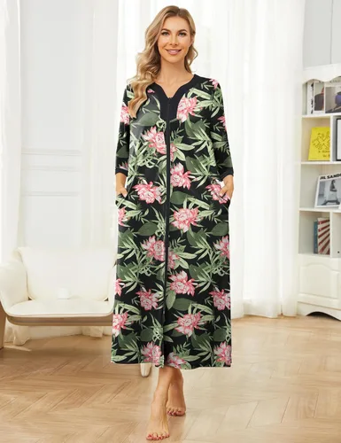 Vista 2 de Bloggerlove House Dresses for Womens Robe Long Zip Up House Coat Half Sleeve Night Gowns Comfy Sleepwear Print Loungewear