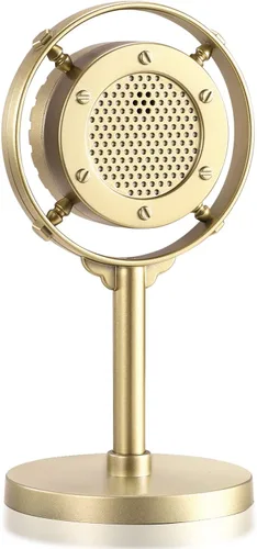 Vista 2 de Facmogu 2 piezas de accesorios de micrófono de estilo retro dorado, adorno de mesa de micrófono de plástico falso para el hogar, Halloween, boda