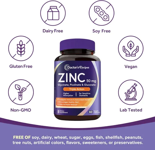 Vista 5 de Doctor's Recipes Suplemento de zinc de 50 mg, apoyo inmunológico de triple acción, picolinato de zinc quelado, glicinato y gluconato, una vez al día