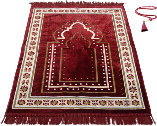Vista 8 de TB - Alfombra de oración islámica gruesa y suave, alfombra musulmana única árabe, turca, africana, diseño bordado, cuentas de oración diaria, Azul