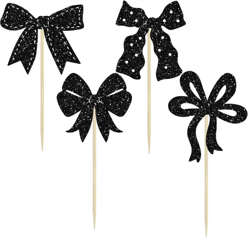 Vista 3 de Ephlyn 24 adornos para cupcakes con lazo para decoración de pastel de cumpleaños, decoración de fiesta de cumpleaños para niñas, decoración de Negro