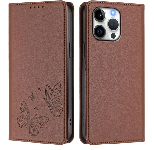 Vista 4 de Butterfly Embossed Leather Wallet Flip Case for Motorola Moto E22i 4G, Magnetic Closure, RFID Blocking Cover, Card Holder Brown.