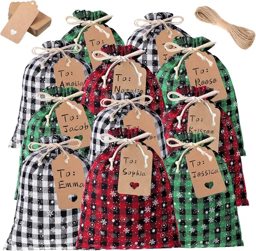 Vista 16 de Shappy 24 bolsas de Navidad con cordón, bolsas de arpillera a cuadros de Navidad, bolsas de lino con cuerda de 32.8 pies, 24 tarjetas
