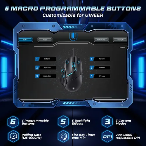 Vista 6 de Uineer Ratón para juegos con cable, 7200 DPI, 6 botones programables