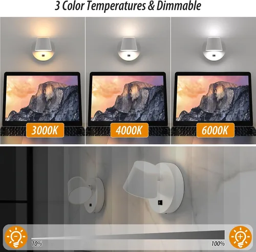 Vista 6 de URSOLA Aplique de pared que funciona con pilas con control remoto, lámpara de pared recargable con batería LED de 9000mAh, 3CCT y ajustable