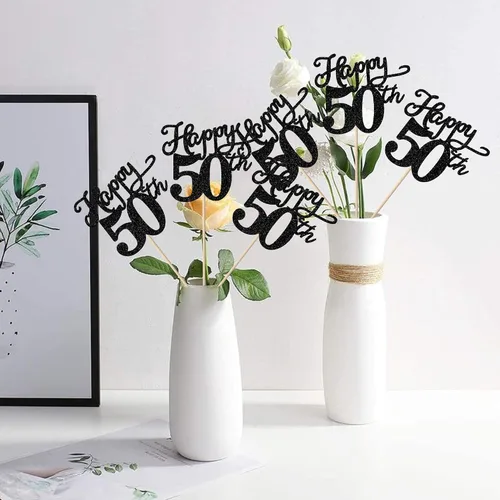 Vista 3 de Rsstarxi Paquete de 12 palitos de centro de mesa de cumpleaños número 50 para decoración de mesa de cumpleaños 50 para hombre, decoración de mesa