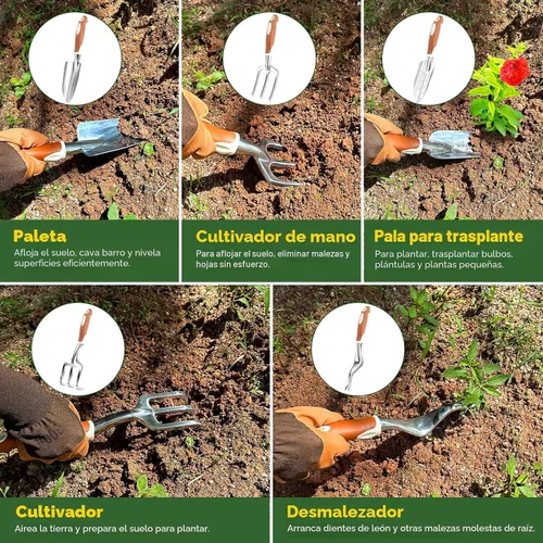 Vista 2 de MelonArt - Juego de herramientas de jardín, kit de 10 piezas de herramientas de mano de jardinería resistentes para mujeres, de aluminio con mango