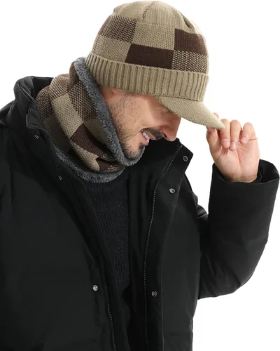 Vista 6 de HH HOFNEN Conjunto de bufanda de invierno para hombres y mujeres, visera de punto, cálido, grueso, forro polar, calentador de cuello para exteriores