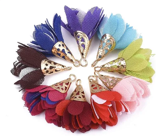 Vista 8 de Cheriswelry Colgantes de flores de tela de tela con pétalos florales con tapa dorada para aretes de bricolaje, llavero, fabricación de joyas