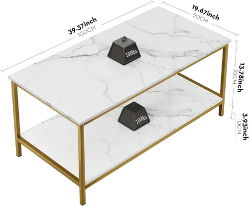 Vista 3 de SAYGOER Mesa de centro moderna de 2 niveles para sala de estar, mesas de centro de oro blanco, mesa rectangular industrial de madera para espacios