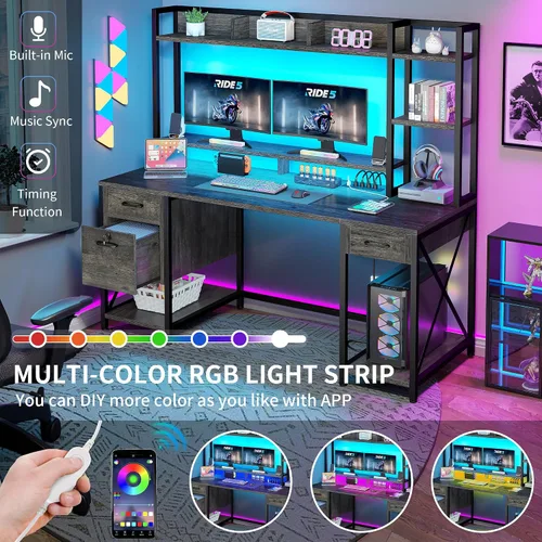 Vista 4 de DWVO Escritorio para computadora con cajones y gabinete, escritorio de oficina de 59.1 pulgadas con tomas de corriente y luces LED, escritorio
