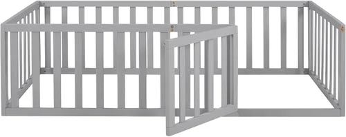 Vista 5 de Harper & Bright Designs Cama Montessori doble con valla y puertas, marco de cama de piso para espacios pequeños, sin rejas, gris