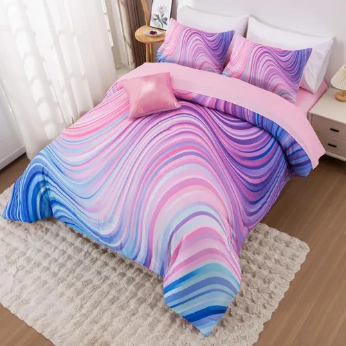 Vista 3 de Btargot Juego de edredón súper suave de 6 piezas con patrón de estrellas en degradado y anillo, juego de ropa de cama con rayas onduladas