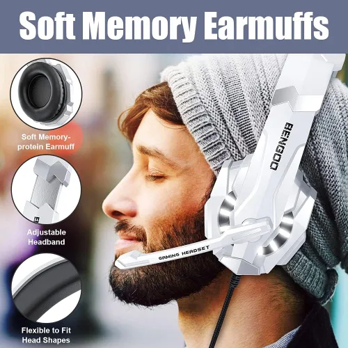Vista 3 de BENGOO Auriculares profesionales para juegos para PS4, PS5, PC, Xbox One, auriculares con cancelación de ruido con micrófono, luz LED, sonido