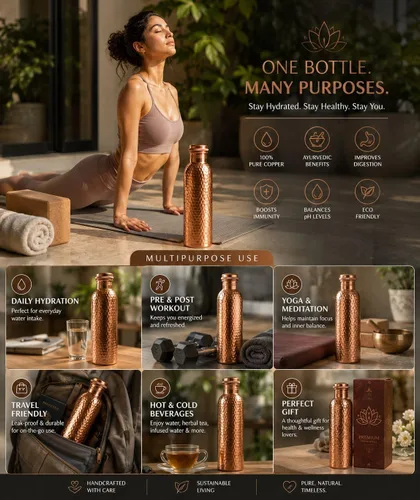 Vista 5 de KASHA Ayurvedic - Botella de agua de cobre puro 99.96% para agua potable, probada en laboratorio, 32 onzas, botella de agua de cobre puro a prueba