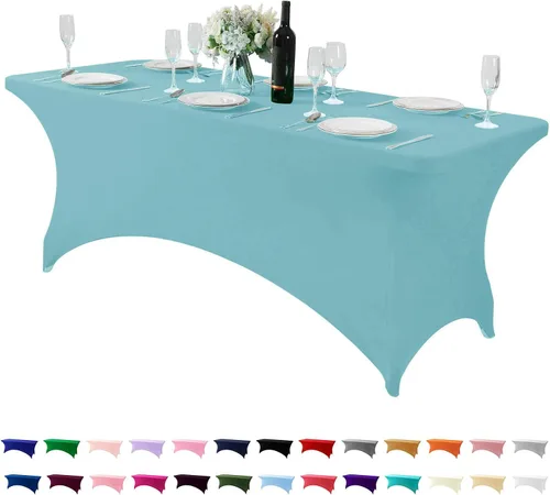 Vista 71 de Mantel de elastano para mesa de 6, 4 o 8 pies, universal, ajustable, para fiestas, banquetes, bodas y eventos, color verde manzana