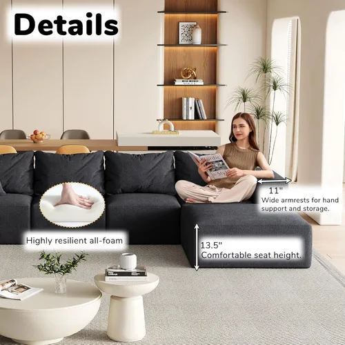 Vista 5 de Sofá de nube de gran tamaño de 132 pulgadas, sofá modular tapizado con 6 almohadas, sofás de felpilla de asiento profundo para sala de estar Negro