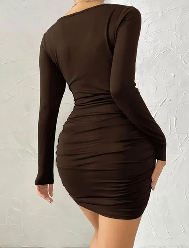 Vista 5 de HOTOUCH Womens V Neck Long Sleeve Bodycon Dress Ribbed Slim Fit Ruched Stretchy Party Club Short Mini Dress