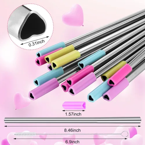 Vista 2 de Jutom Paquete de 8 pajitas de metal con forma de corazón, reutilizables, de acero inoxidable con puntas de silicona, lindas con 2 cepillos