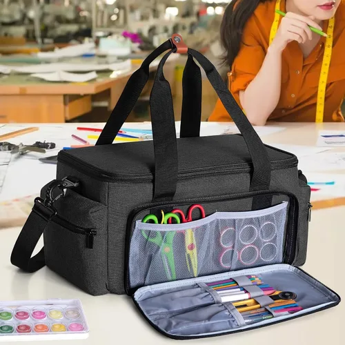 Vista 9 de LUXJA Bolsa de manualidades de gran capacidad con correa para el hombro, bolsa de manualidades para arte, álbumes de recortes o suministros de Negro