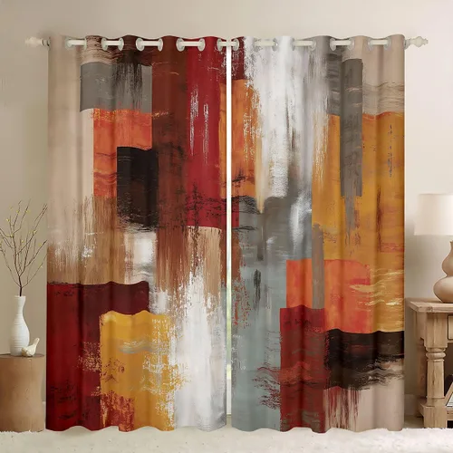 Vista 3 de Burnt Orange Blackout Curtains for Bedroom Abstract Brown Grey Modern Curtains Rust Aesthetics Grommet Light Blocking Window Drapes for Living Room
