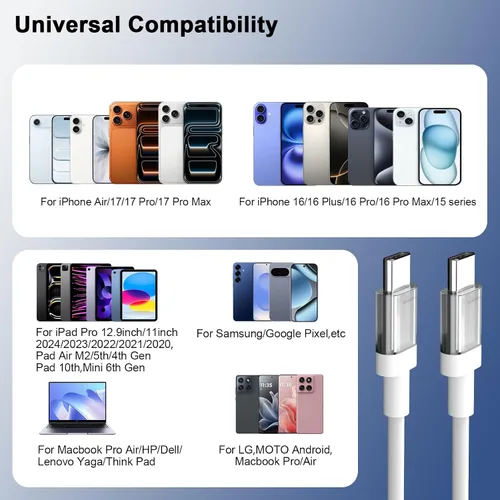 Vista 7 de Cable USB C a USB C de 3 pies 100 W, cable de carga rápida tipo C para iPhone 17e 17 16 Pro Max 15/iPad Pro 10 11/MacBook Air, para Samsung S26 S25