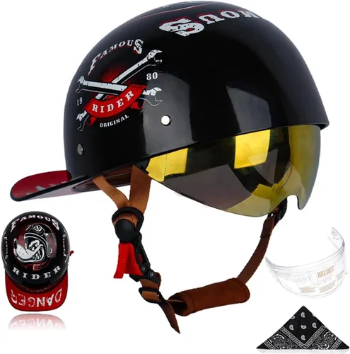 Vista 15 de Gorra de béisbol para motocicleta, 3 unidades, aprobado por DOT, estilo vintage, cara abierta, unisex, para adultos, medios cascos de doble lente