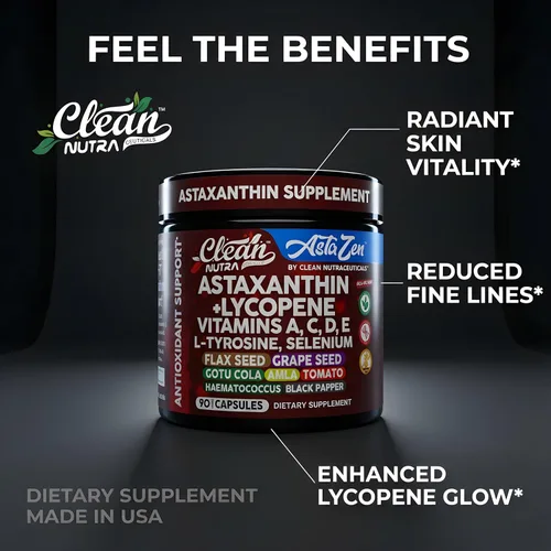 Vista 7 de Clean Nutra Astaxantina Suplemento de licopeno de 12 mg con vitamina A C D3 E, L-tirosina, selenio, lino, semilla de uva, gotu kola, amla, pimienta