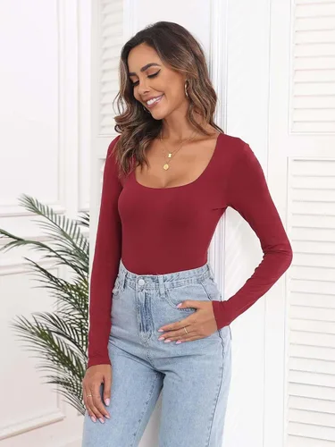 Vista 3 de DEOLINA Body sexy para mujer, cuello cuadrado, suave, elástico, manga larga, leotardo casual