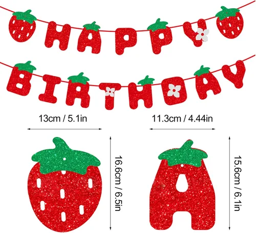 Vista 2 de MEETINGU Cartel de feliz cumpleaños de fresa, decoración de fiesta de cumpleaños de fresa con purpurina para niños y niñas, decoración de fiesta