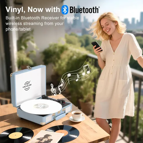 Vista 2 de VINYLS LINK Reproductor de discos de vinilo Bluetooth, tocadiscos de 3 velocidades con altavoces estéreo integrados, tocadiscos portátil de maleta