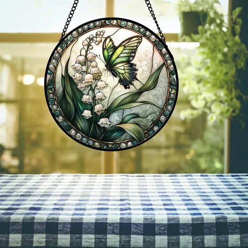 Vista 6 de DASTOLL Colgante de vidrio emplomado para ventana, diseño de lirio del valle, mariposa, atrapasol para puertas, hogar, atrapasoles decoración