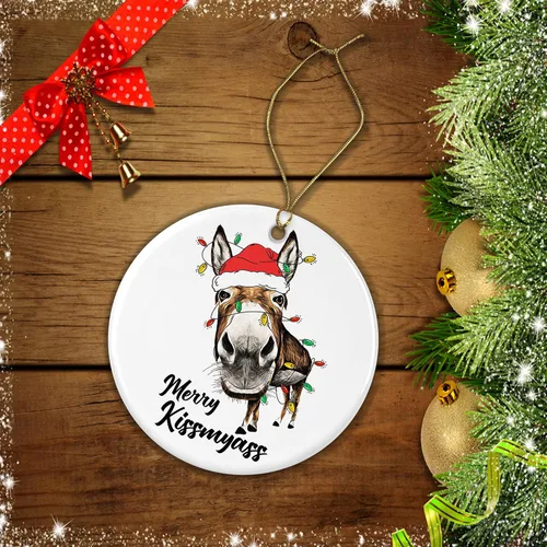 Vista 2 de OystersPearl Merry Kiss My Ass - Adorno divertido de porcelana para árbol de Navidad, adorno de Navidad de burro, adorno de burro de Papá Noel