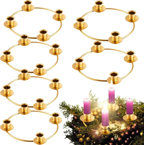 Vista 7 de 6 piezas de corona de Adviento de Navidad, candelabros de Adviento para coronas, anillos de bronce, candelabros de hierro forjado, candelabro