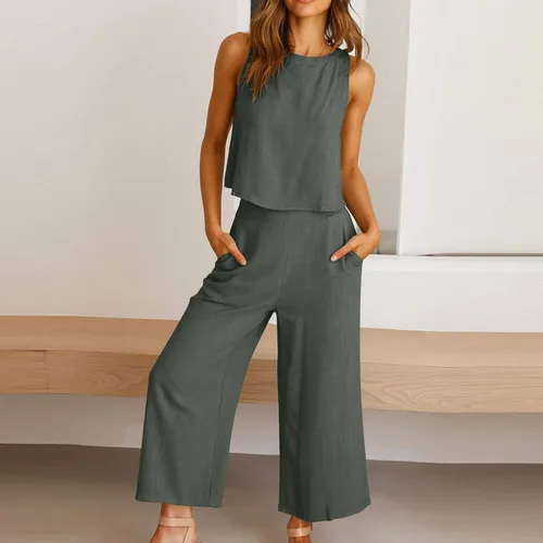 Vista 6 de Ganfancp Conjunto de 2 piezas para mujer, de verano, casual, de algodón, lino, sin mangas, con botones en la espalda, pantalones de pierna ancha