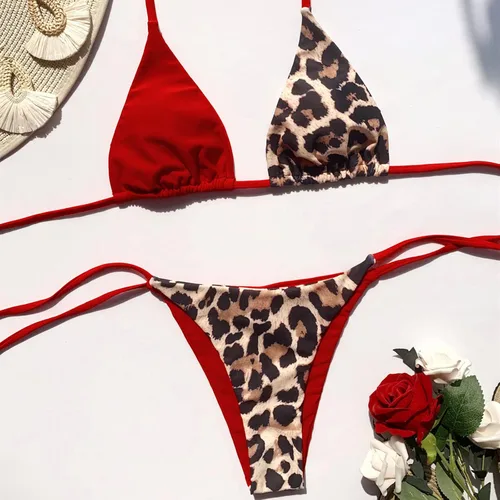 Vista 4 de TOPRenddon Traje de baño sexy de leopardo triangular para mujer, con cuello halter y corte alto, conjunto de bikini para verano y playa