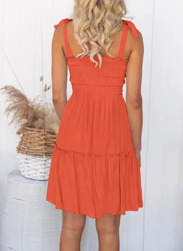 Vista 6 de MUXERI Women's Bohemian Solid Color Spaghetti Straps Shirred Square Neck Swing A Line Beach Mini Dress