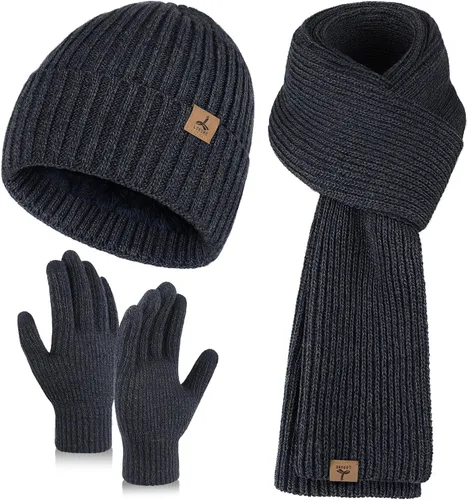 Vista 17 de Winter Hat Scarf Gloves Set, Knitted Ribbed Beanie Winter Gift Men Boys Mezcla gris y negro
