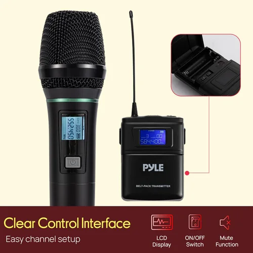 Vista 6 de Pyle Sistema de micrófono inalámbrico UHF de 8 canales con 4 micrófonos de mano, 4 Lavalier y 4 micrófonos de auriculares, rango de 300 pies