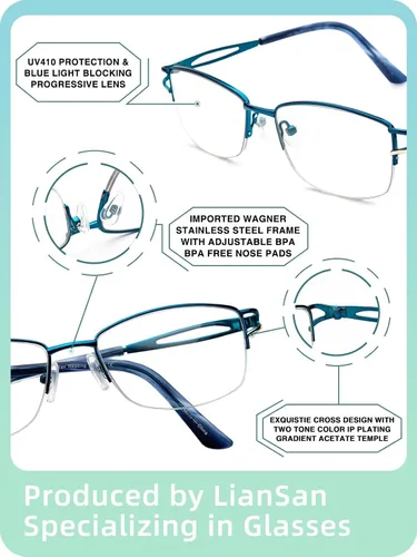 Vista 6 de LianSan Metal Zero Top - Gafas de lectura progresivas multienfoque para mujeres, con bloqueo de luz azul de medio borde, parte superior
