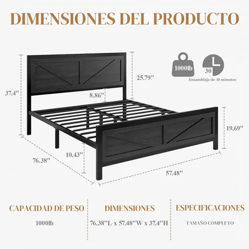 Vista 2 de DOGIBIXO Marco de cama tamaño completo con luces LED y carga USB, marco de cama de plataforma industrial con cabecera de puerta de granero